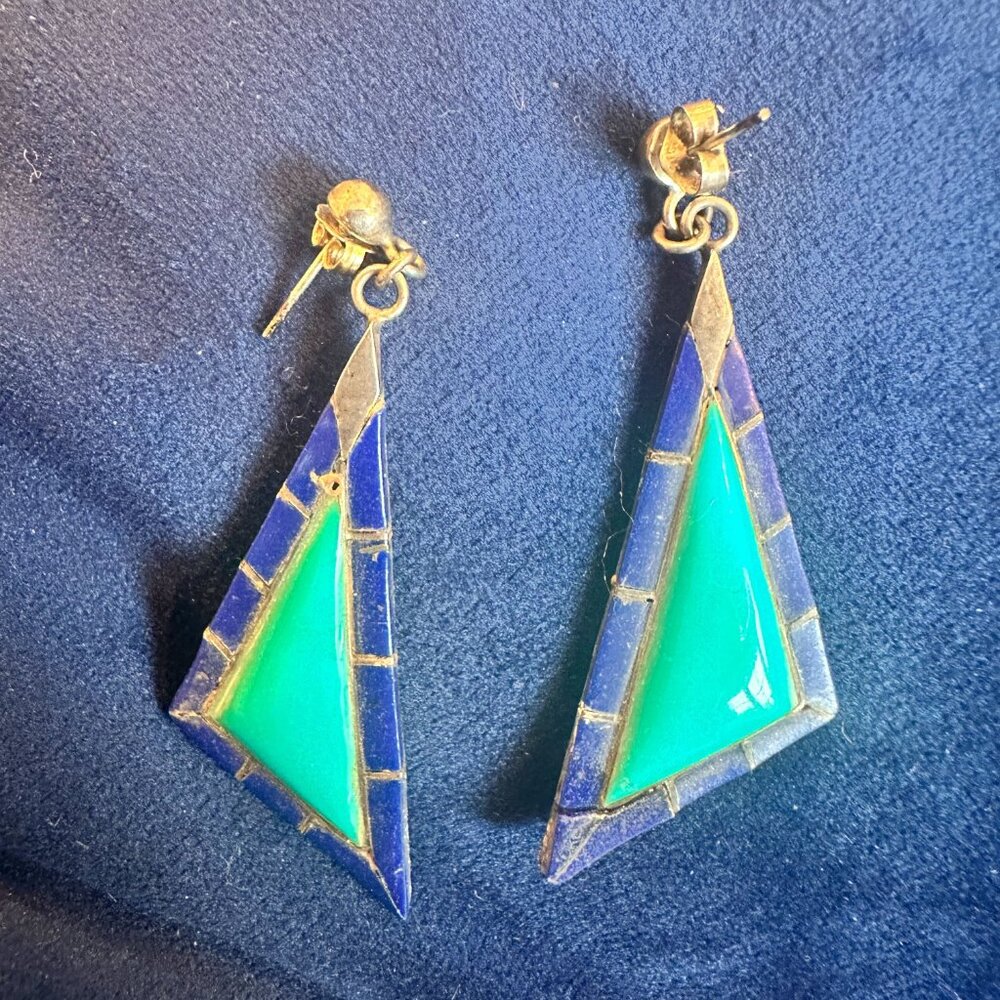 Vintage Turquoise Lapis Earrings with Sterling Silver